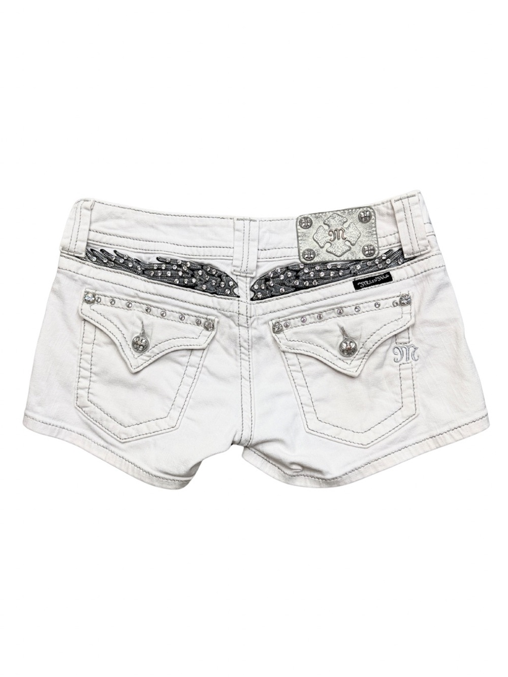 Miss Me Low Rise Angel Wing Bling Pocket White Denim Shorts Rhinestone Size 27